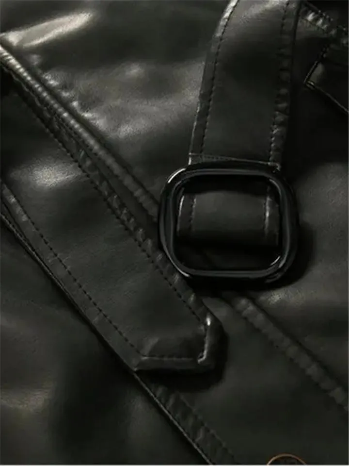 Men Winter Fashion Fleece Lined Midi Leather Jacket With Waistband