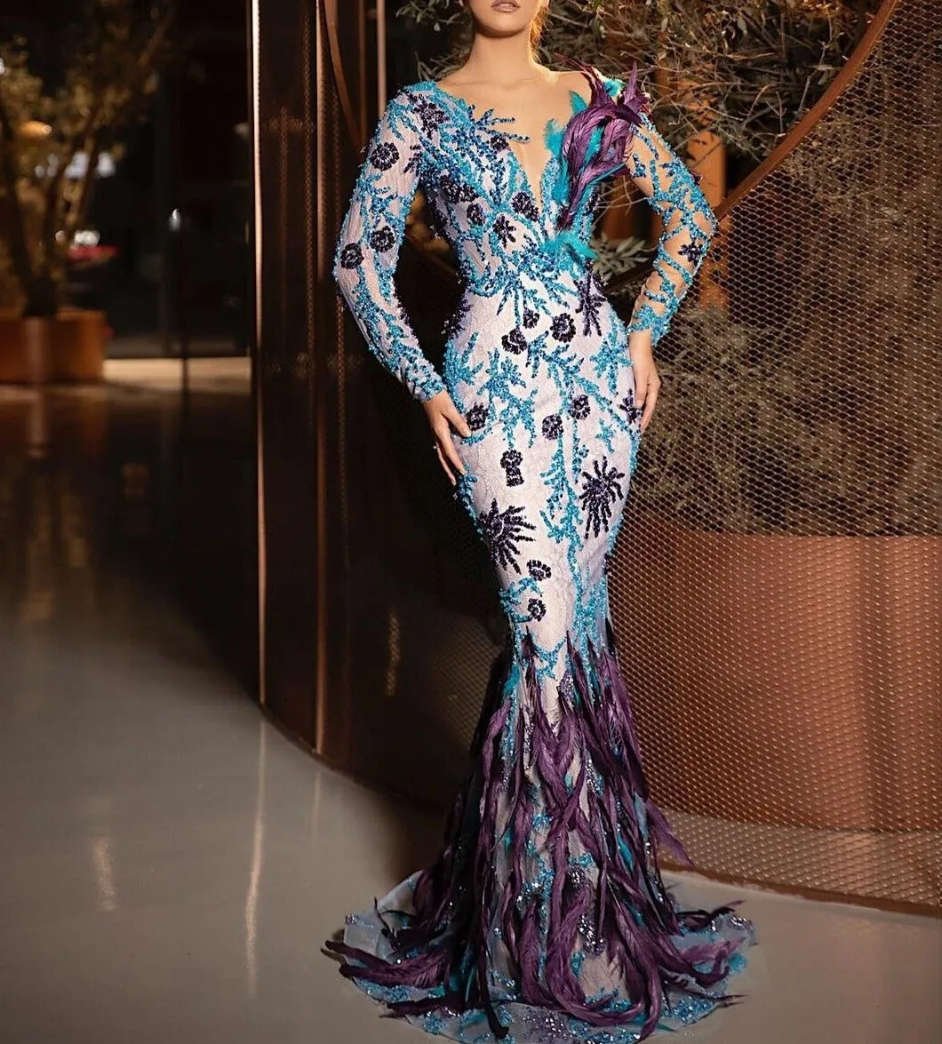 Mermaid Prom Dresses Long Sleeves Feathers Sequins Women Gowns