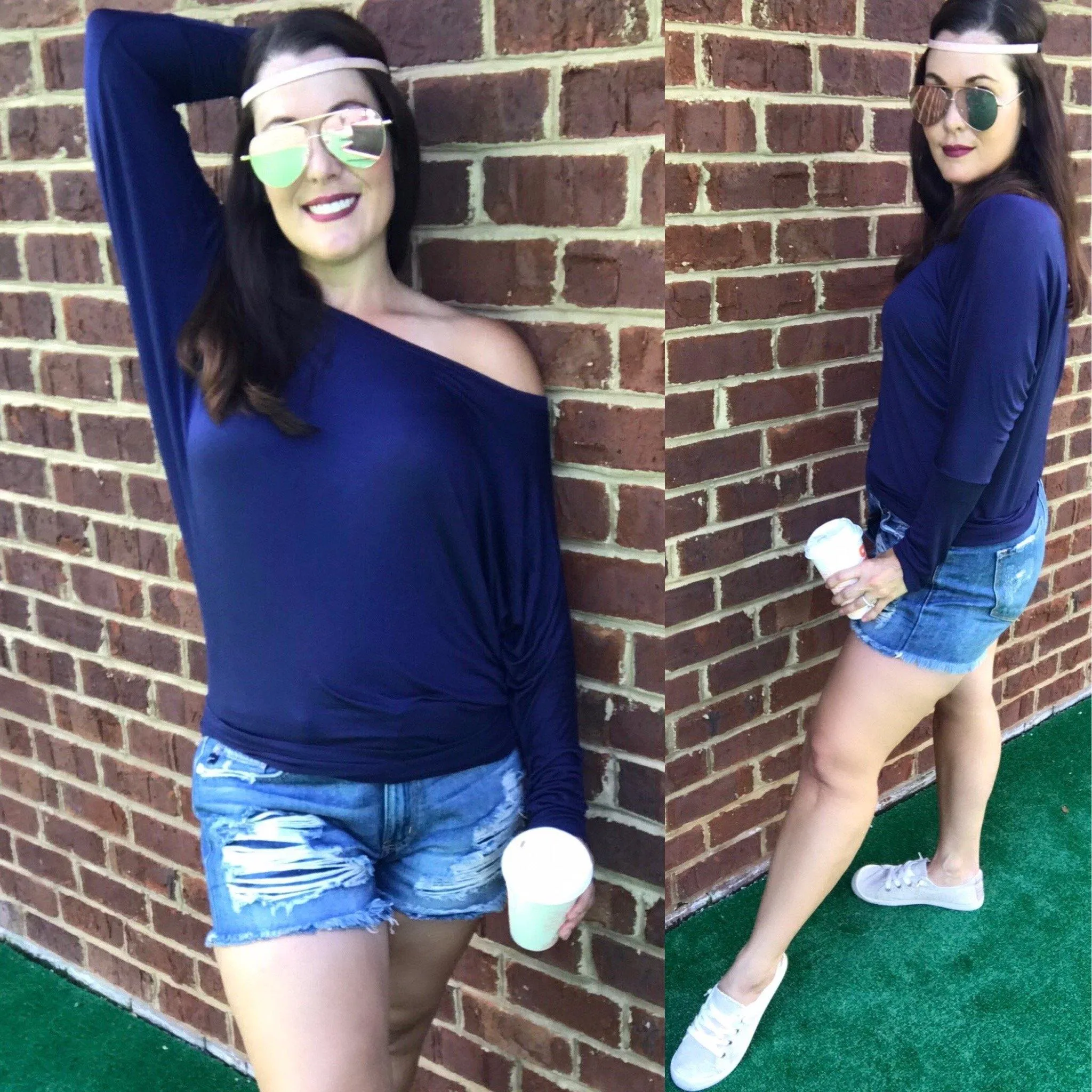 Navy Blue Light Weight Off The Shoulder Dolman Top