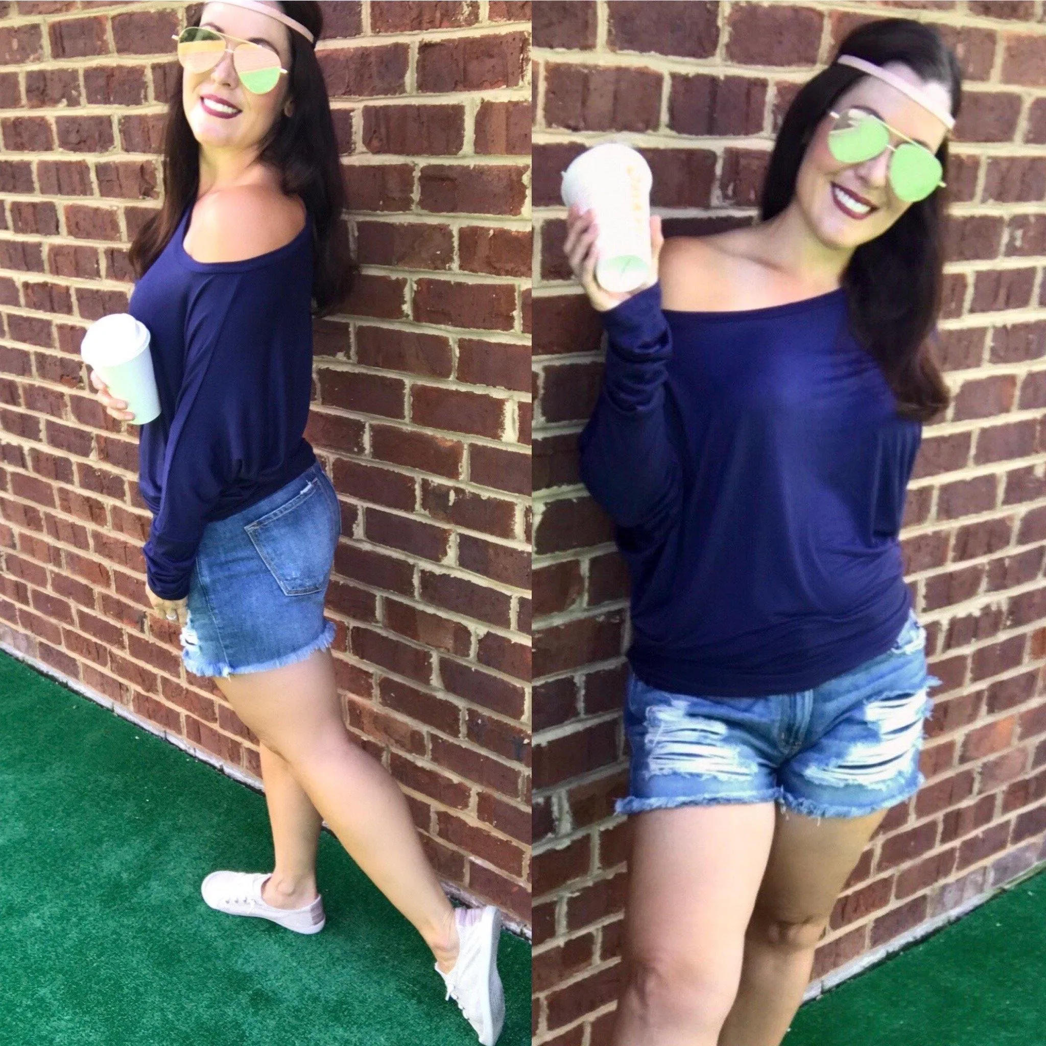 Navy Blue Light Weight Off The Shoulder Dolman Top