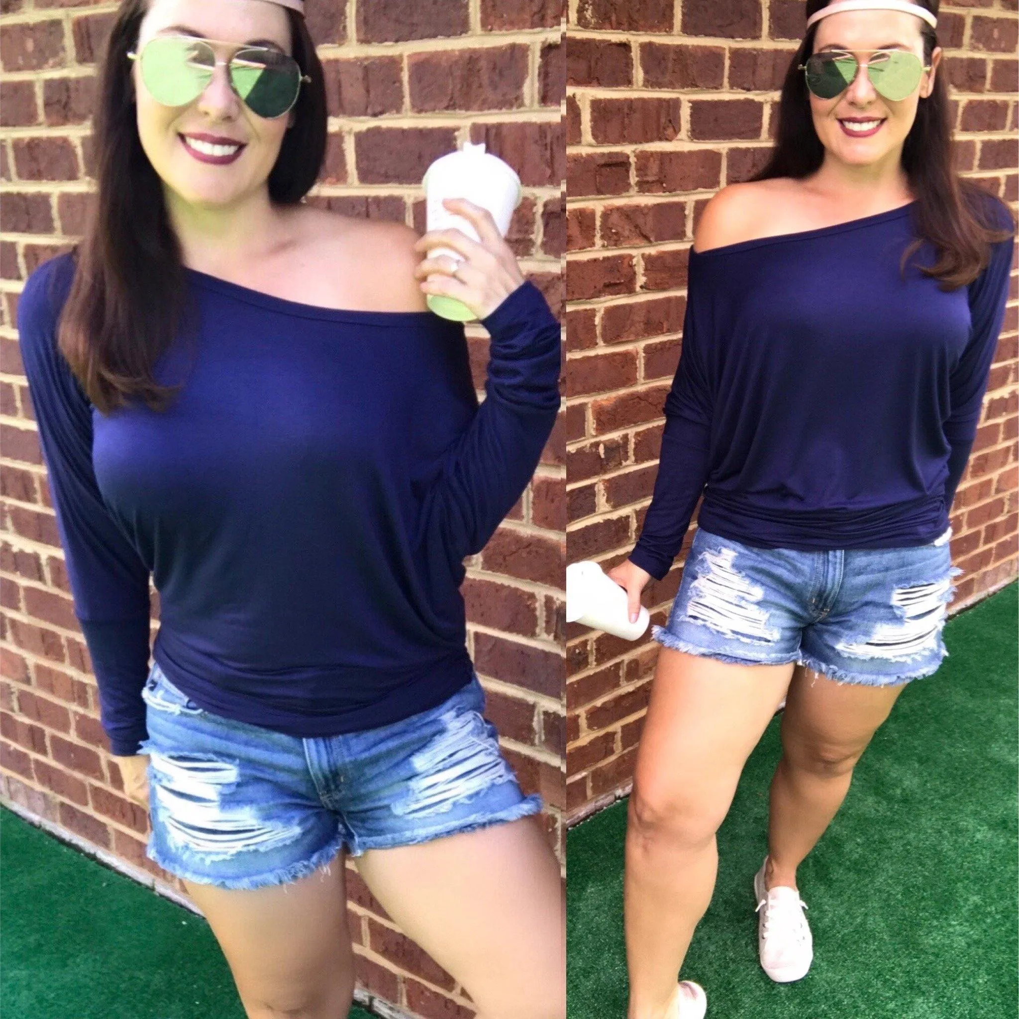 Navy Blue Light Weight Off The Shoulder Dolman Top