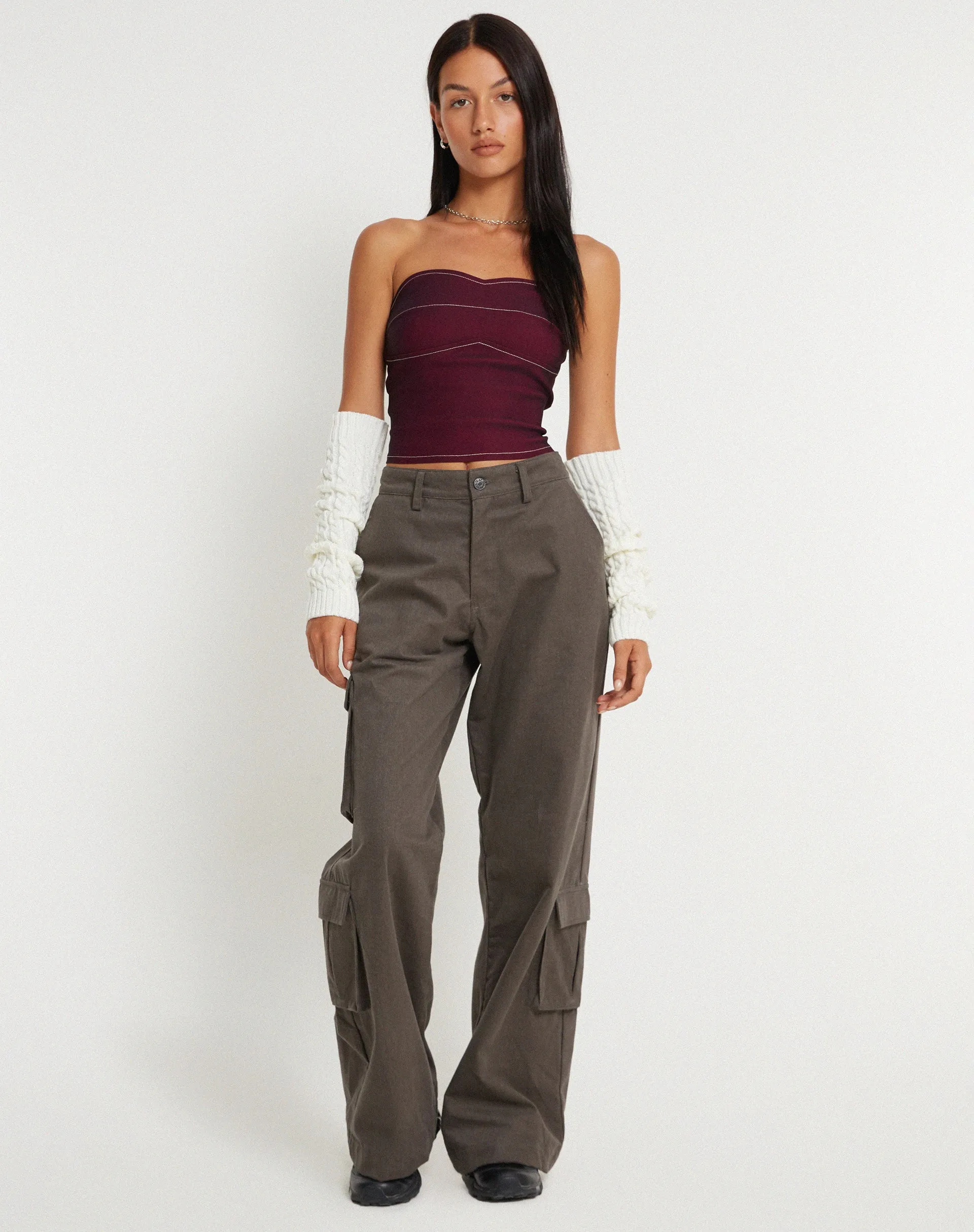 Nelly Cropped Corset Top in Burgundy with Ecru Stitch Detail