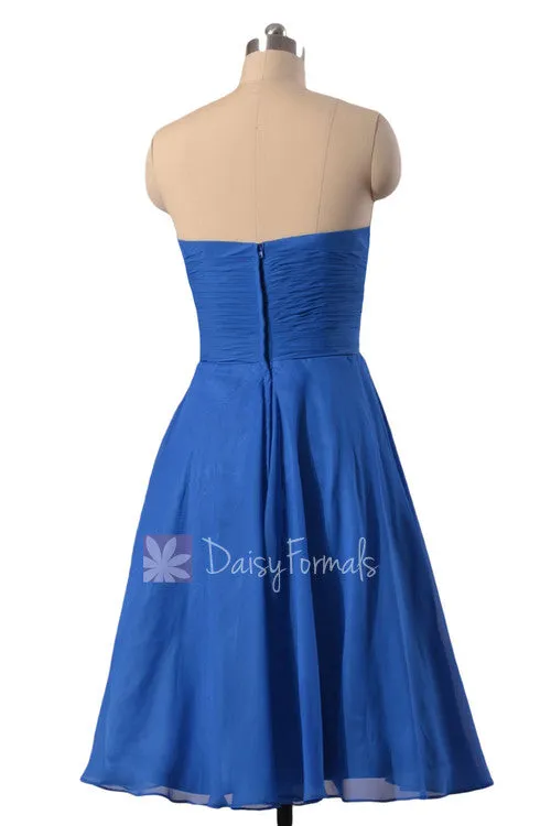 New Knee Length Chiffon Cocktail Dress Strapless Royal Blue Bridesmaid Dress(BM8487S)