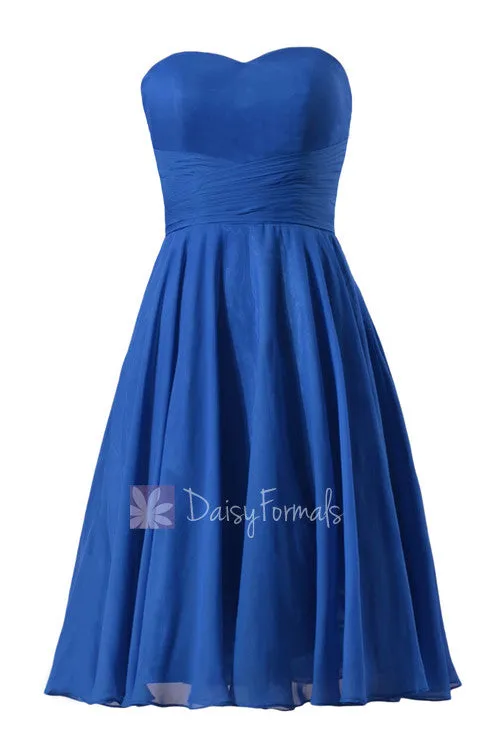 New Knee Length Chiffon Cocktail Dress Strapless Royal Blue Bridesmaid Dress(BM8487S)