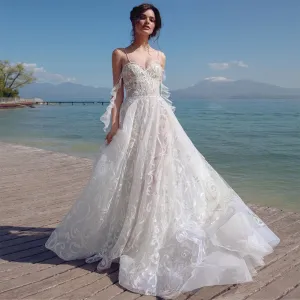 New Sexy Sweetheart Backless Spaghetti Straps Tulle A-Line Wedding Dresses Appliqued Sequined Crystal Pearls Bridal Gowns