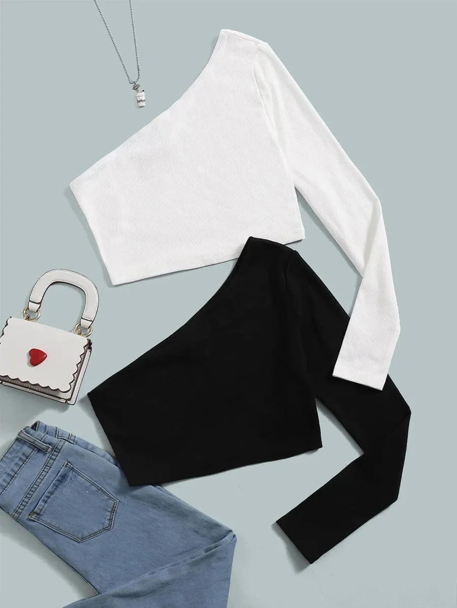New SHEIN Teen Girls 2pcs One Shoulder Tee, 2 pack 1 white, 1 black, Sz 14 Yr! Rated 4.88 out of 5 stars! "Fits perfect, super gorgeous, really worth it"