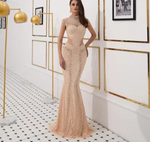 Nude Gold High Collar Sexy Evening Dresses  Sleeveless Luxury Diamond Sparkle Evening Gowns