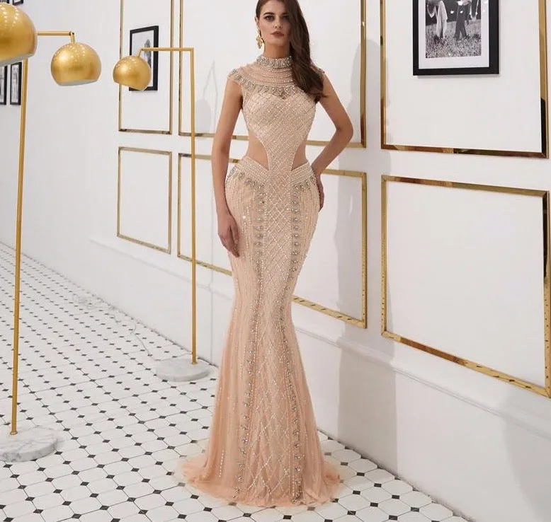 Nude Gold High Collar Sexy Evening Dresses  Sleeveless Luxury Diamond Sparkle Evening Gowns