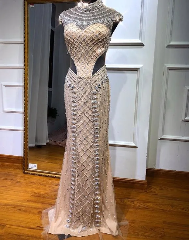 Nude Gold High Collar Sexy Evening Dresses  Sleeveless Luxury Diamond Sparkle Evening Gowns