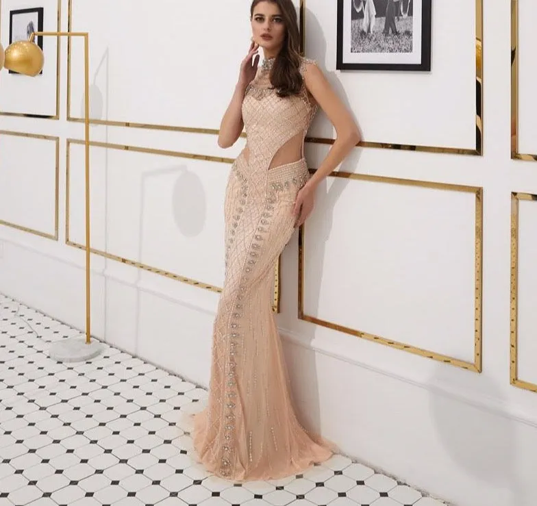 Nude Gold High Collar Sexy Evening Dresses  Sleeveless Luxury Diamond Sparkle Evening Gowns