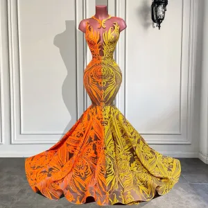 O-neck Orange and Yellow Sequin Girls Mermaid Prom Gowns