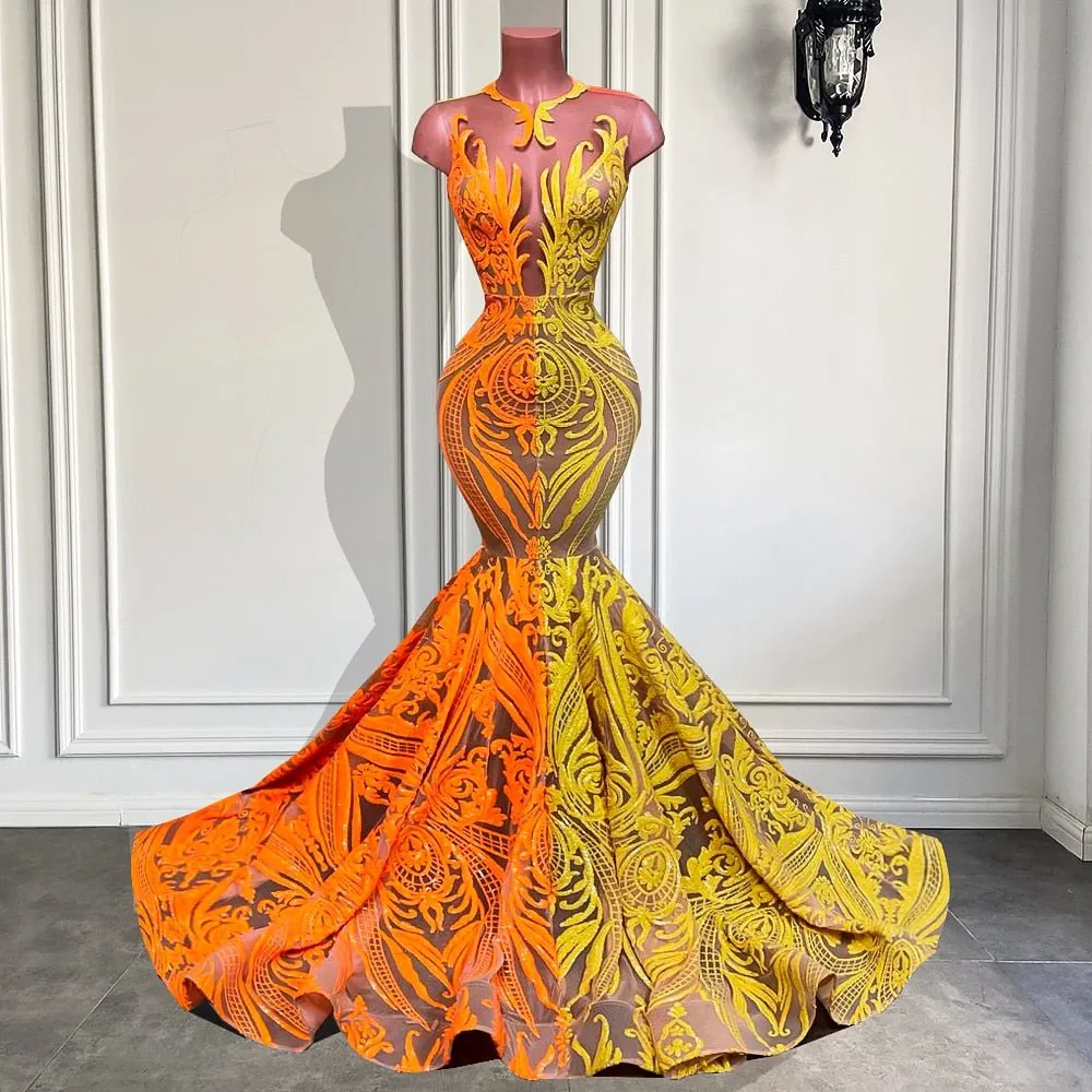 O-neck Orange and Yellow Sequin Girls Mermaid Prom Gowns