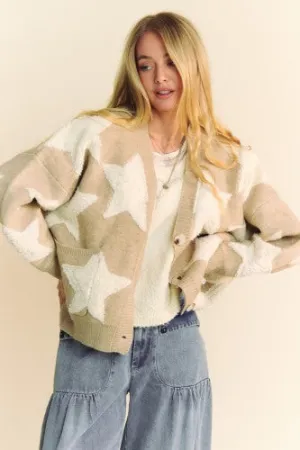 Oatmeal Star Fuzzy Knit Drop Shoulder Cardigan