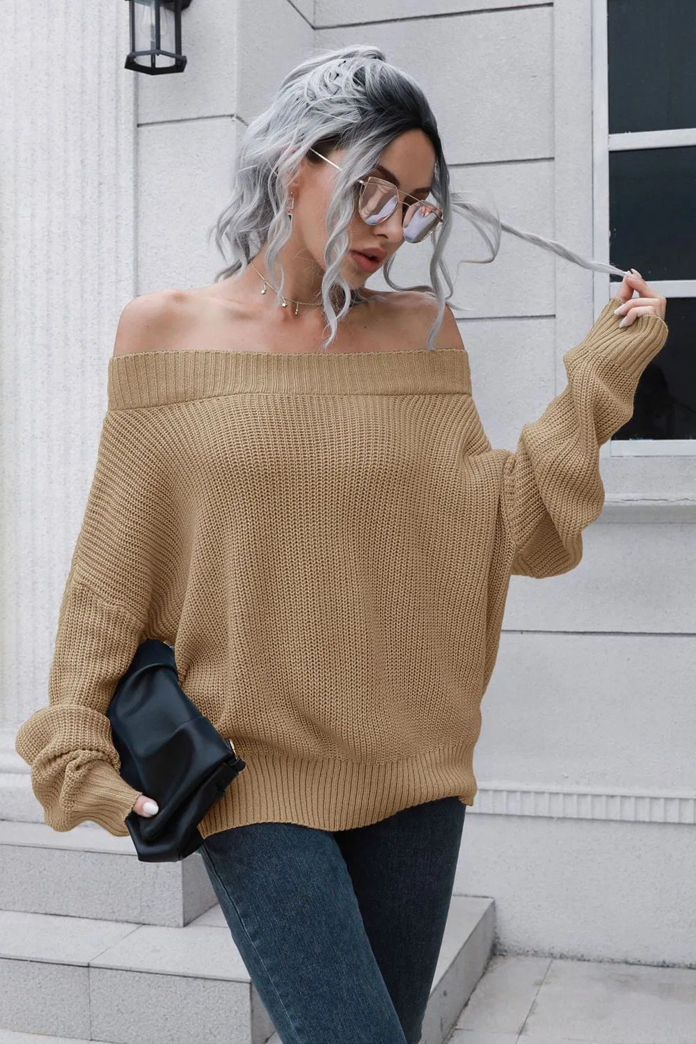 Off-Shoulder Ribbed Pullover Sweater