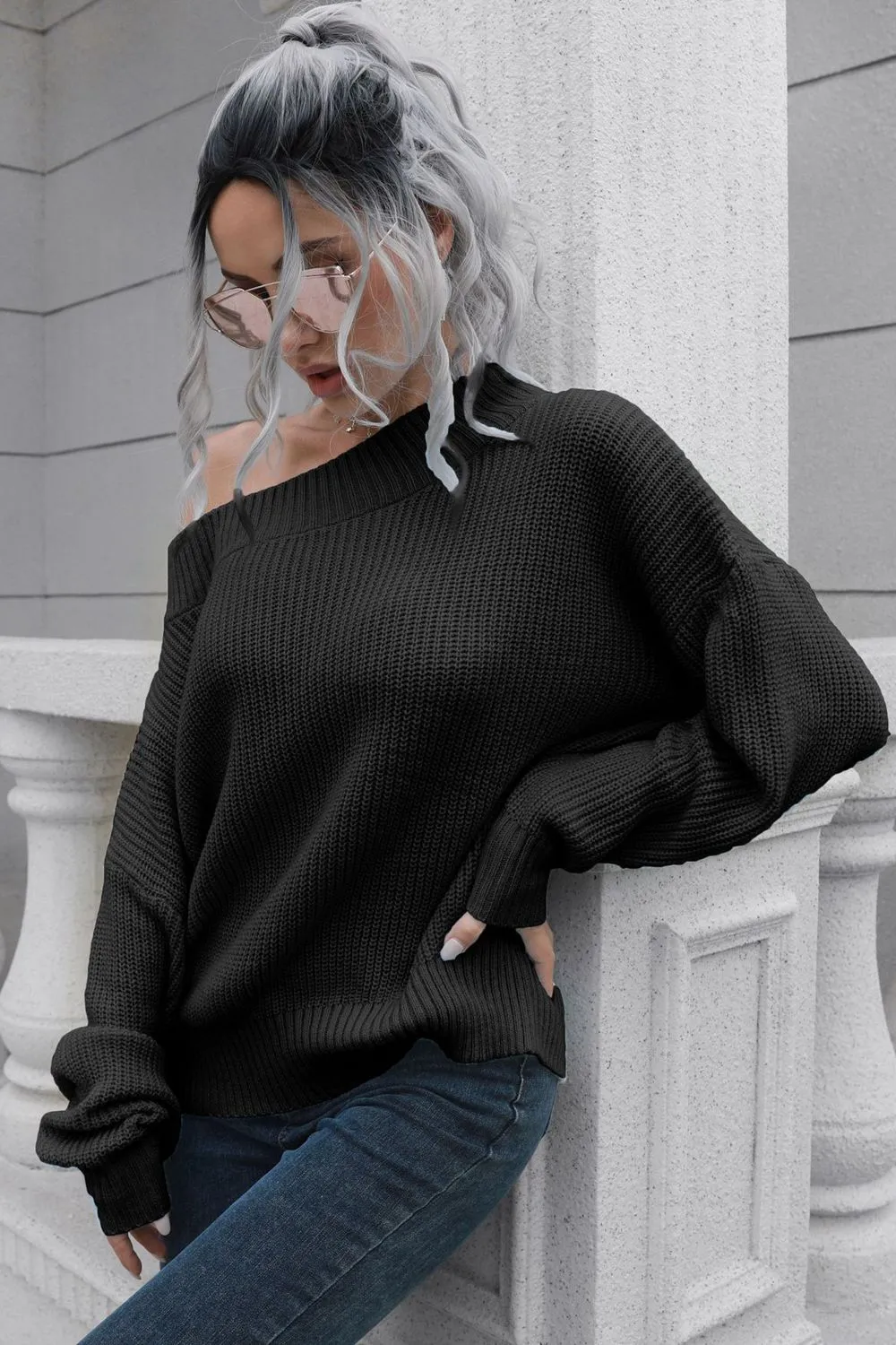 Off-Shoulder Ribbed Pullover Sweater