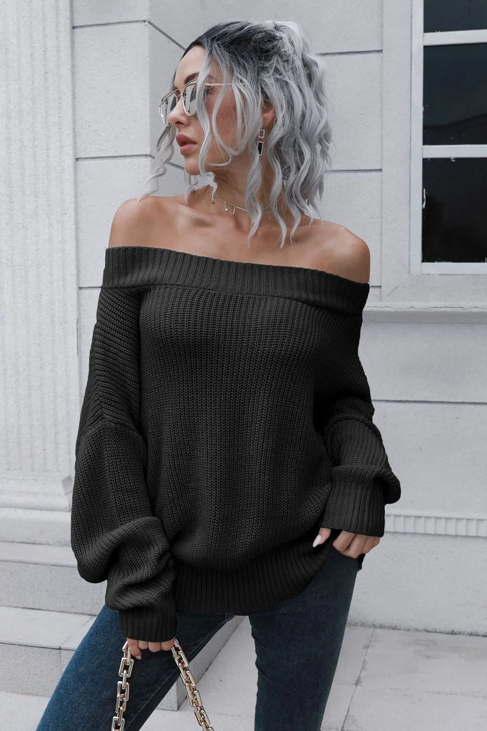 Off-Shoulder Ribbed Pullover Sweater