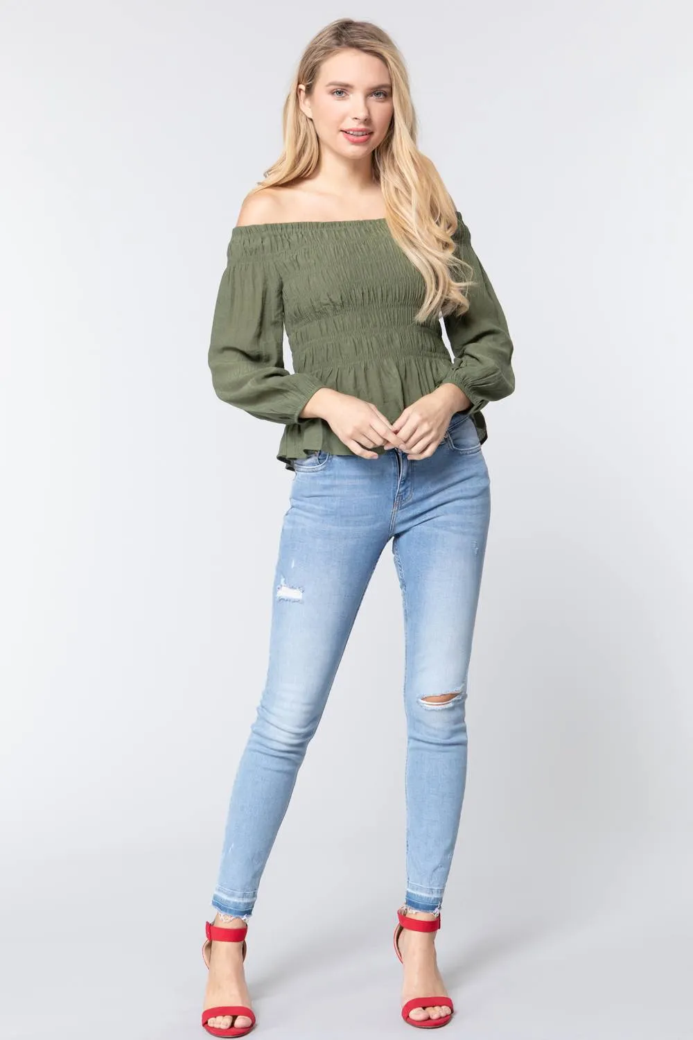Off Shoulder Smocked Woven Top