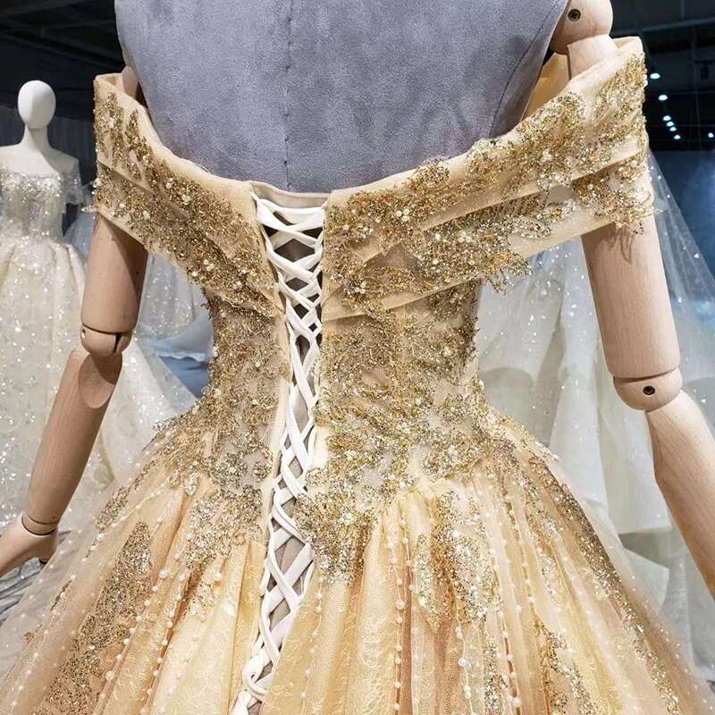 Off shoulder sweetheart lace up floor length bead evening gowns