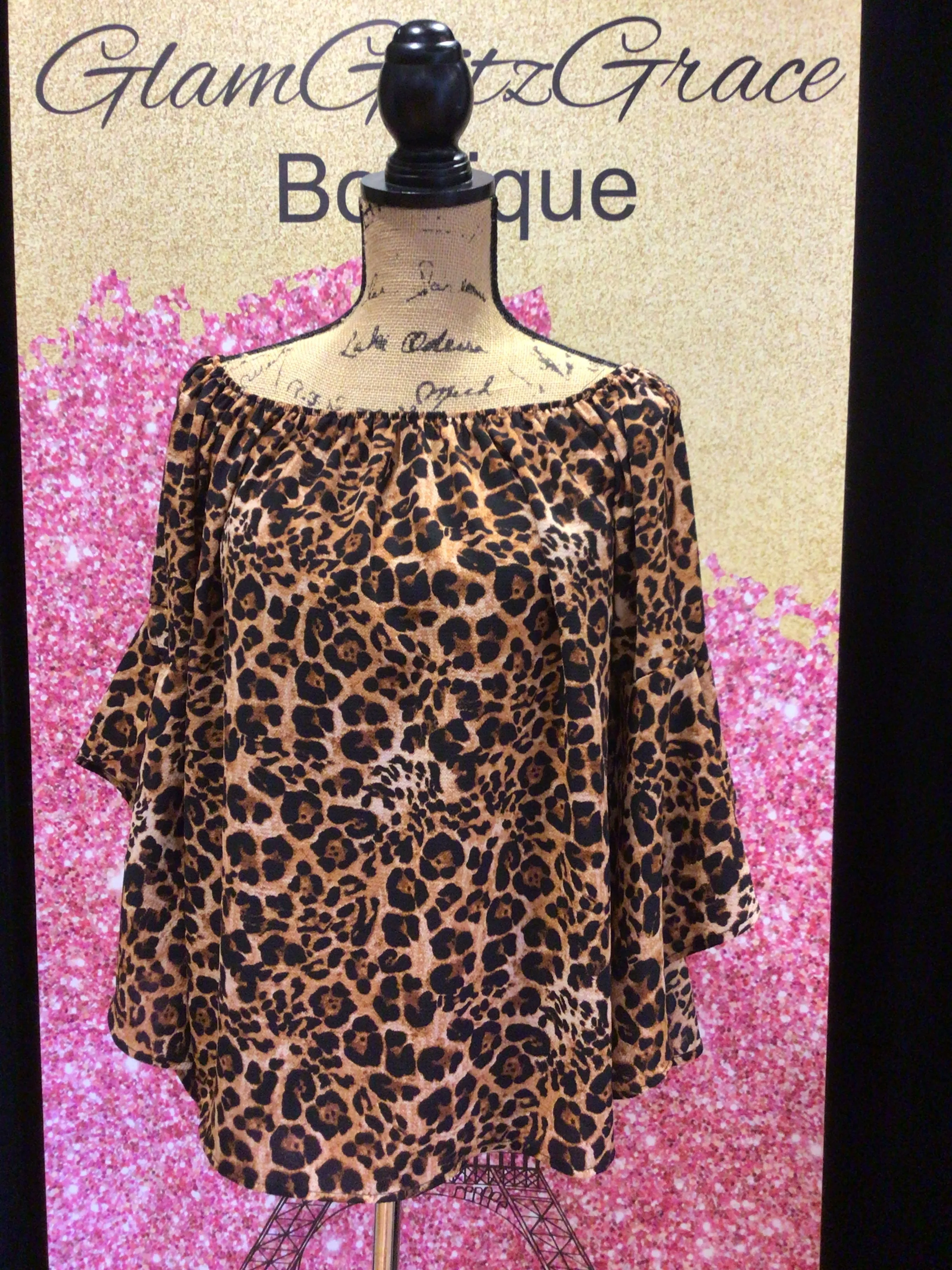 Off The Shoulder Leopard Bell Sleeve Top