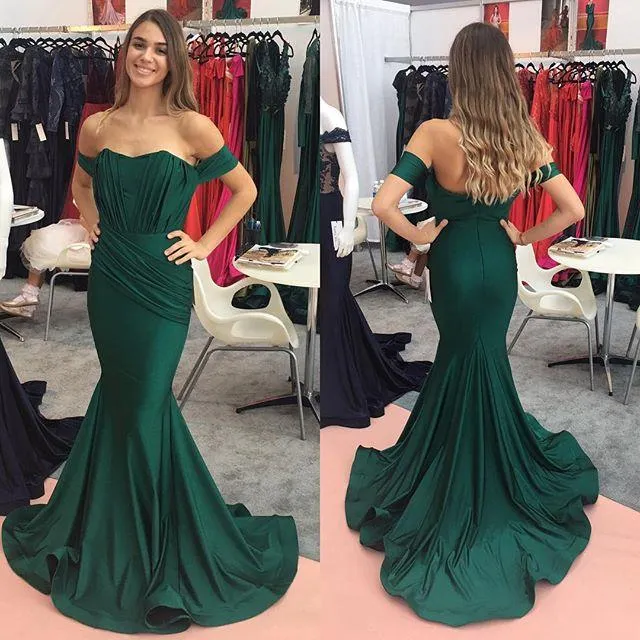 Off The Shoulder Mermaid Evening Dresses with Cap Sleeve Sexy 2018 Prom Gowns with Pleats Party Dresses