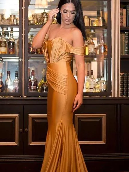 Off The Shoulder Mermaid Evening Dresses with Cap Sleeve Sexy 2018 Prom Gowns with Pleats Party Dresses