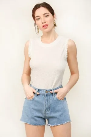 Off White Solid Texture Lace Trim Tank