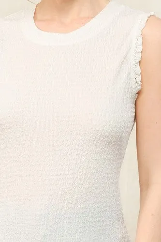 Off White Solid Texture Lace Trim Tank