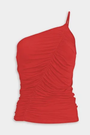 One Shoulder Ruched Tank in Blood Orange
