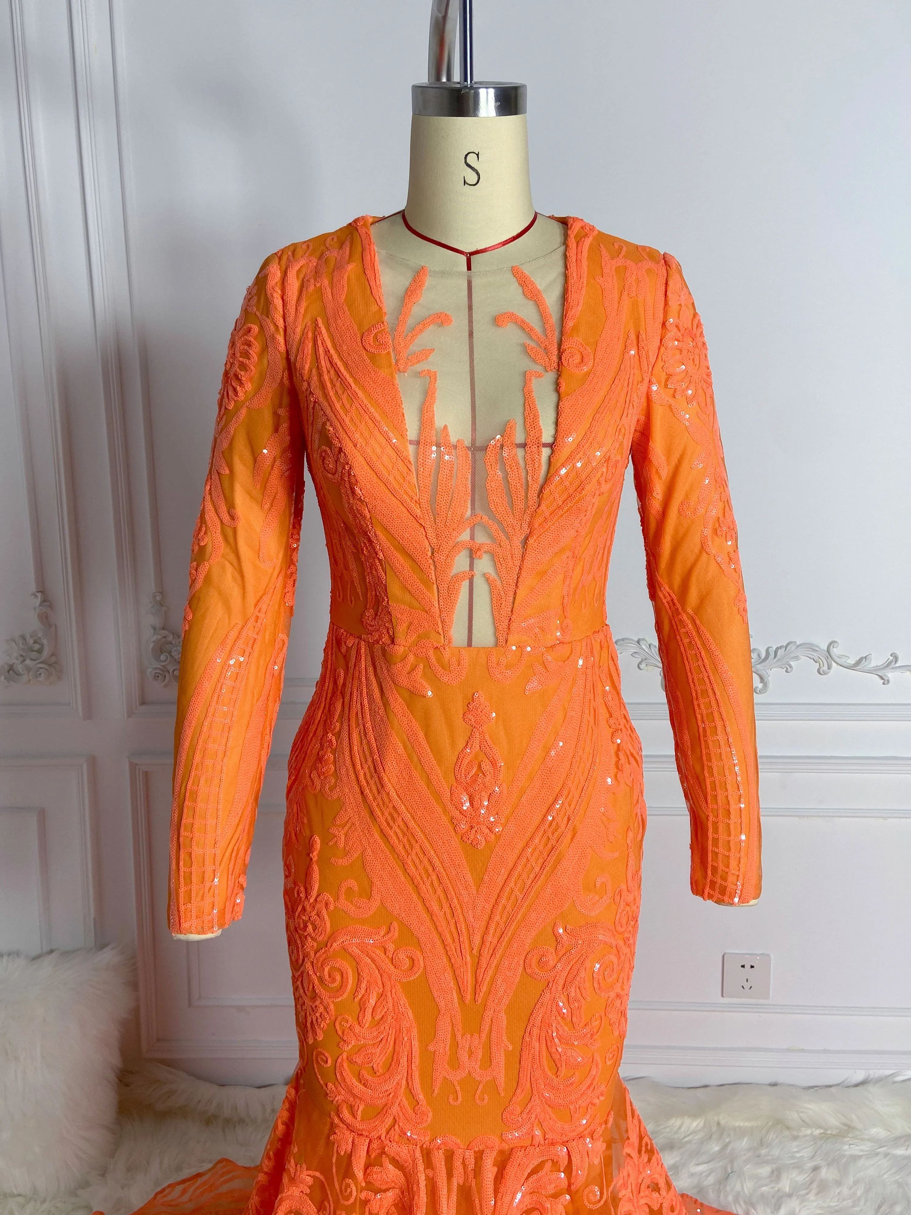 Orange Sequined Maxi Glamour Gowns