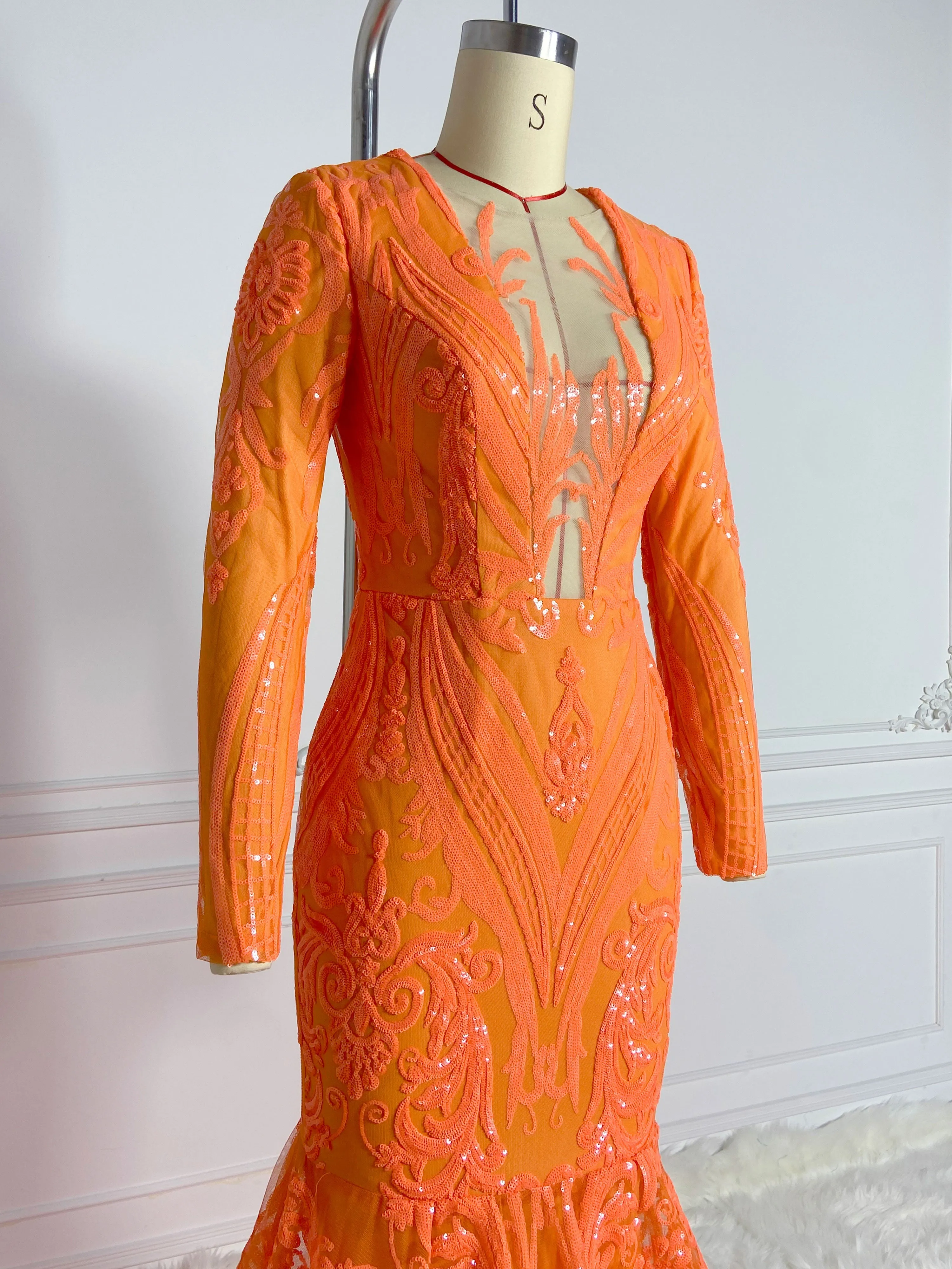 Orange Sequined Maxi Glamour Gowns