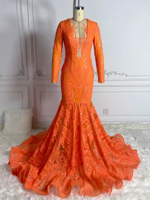 Orange Sequined Maxi Glamour Gowns