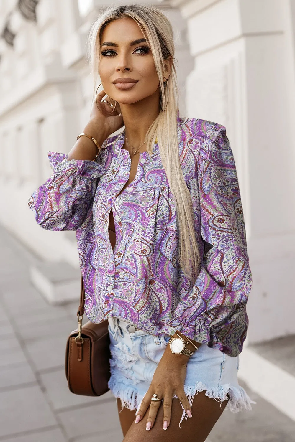 Paisley Printed Frill Flounce Sleeve Shirt (4 Colors)
