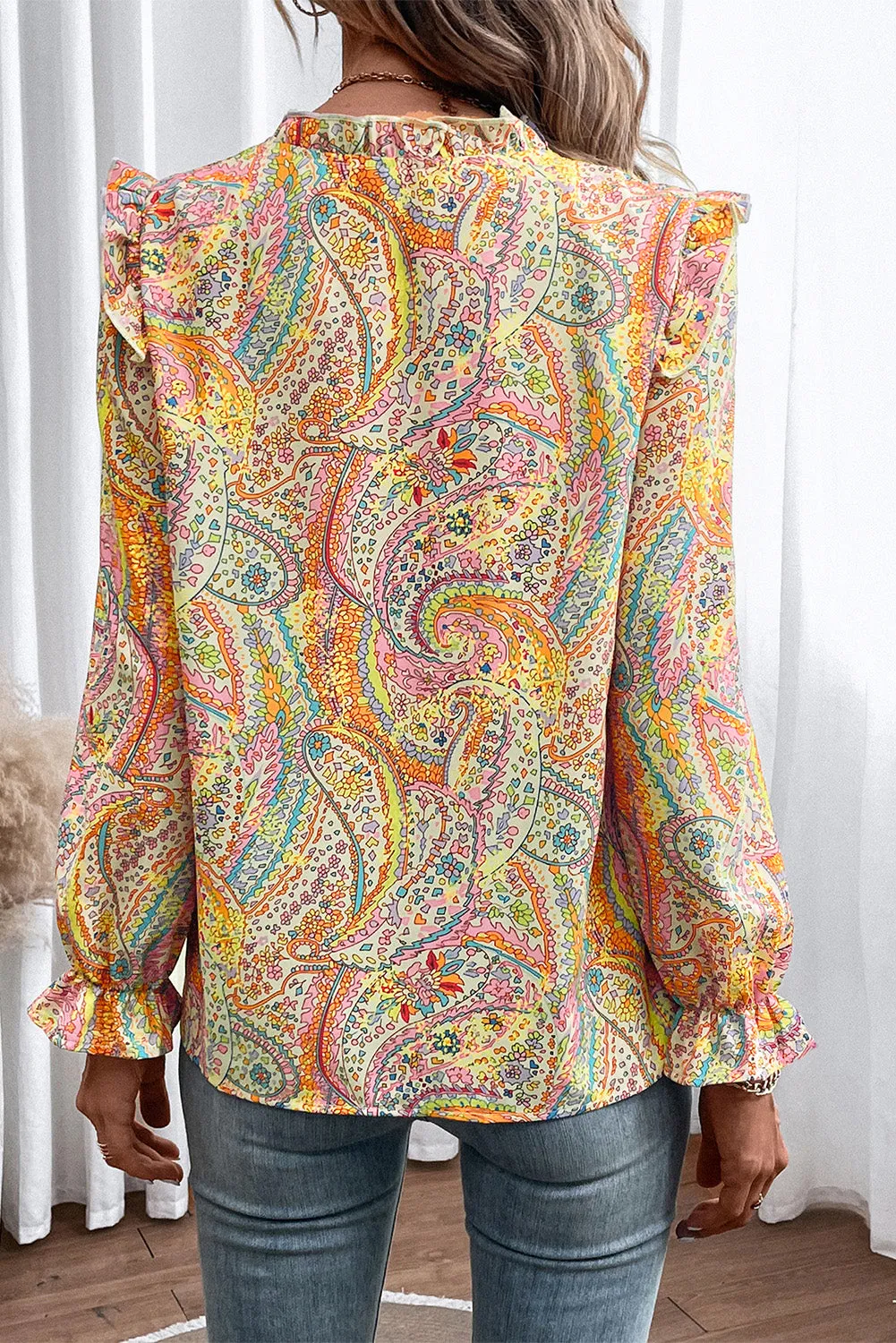 Paisley Printed Frill Flounce Sleeve Shirt (4 Colors)