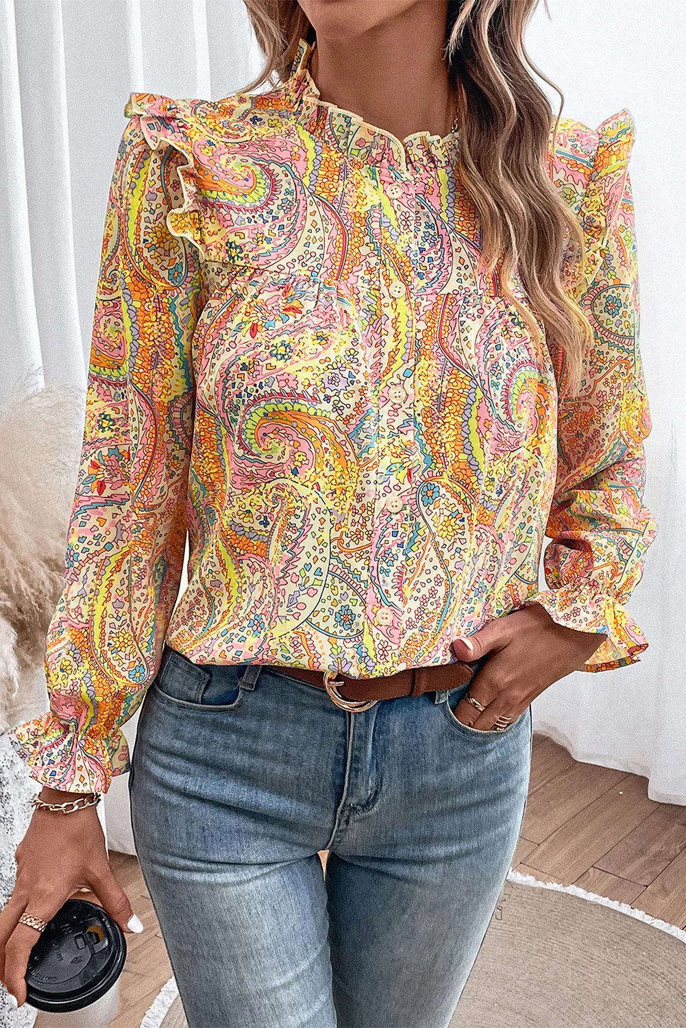 Paisley Printed Frill Flounce Sleeve Shirt (4 Colors)