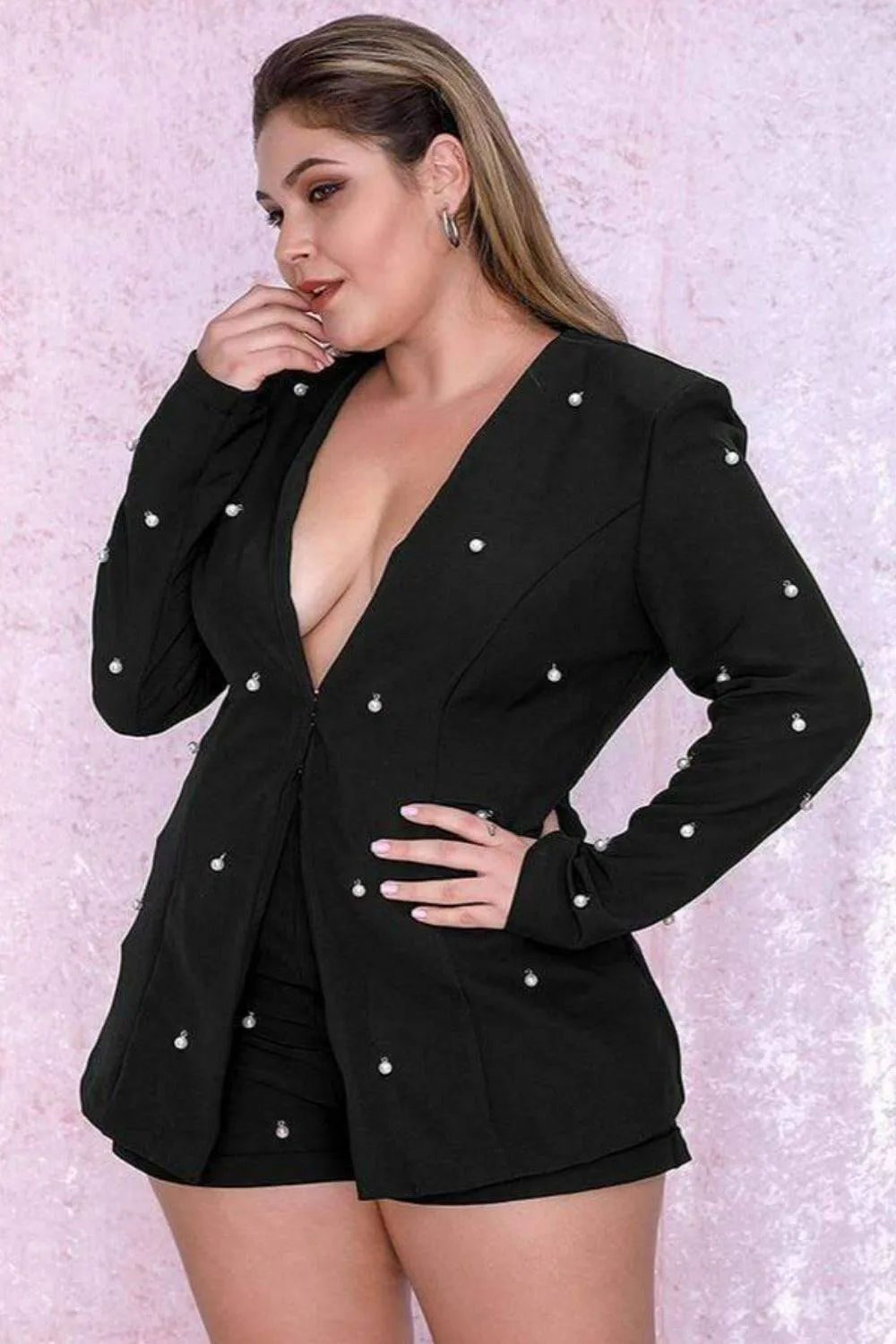 Pearl Long Sleeve Blazer& Short Pants Set - Black