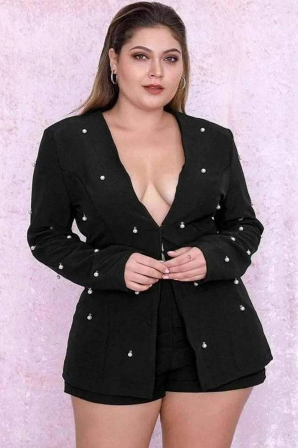 Pearl Long Sleeve Blazer& Short Pants Set - Black