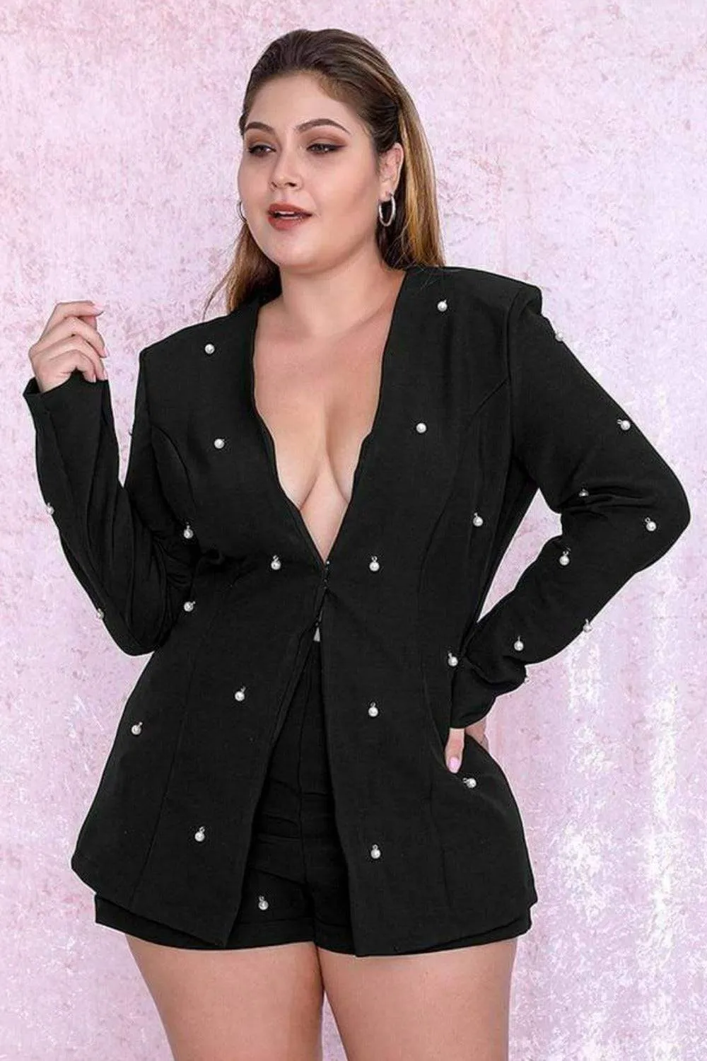 Pearl Long Sleeve Blazer& Short Pants Set - Black