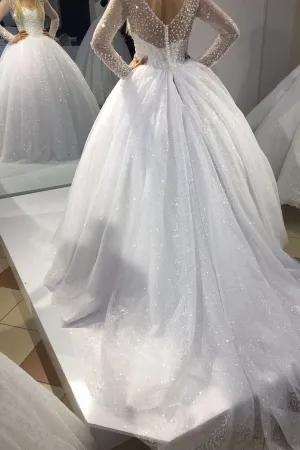 Pearls Long Sleeves Wedding Gown Dress with Sequin Skirt
