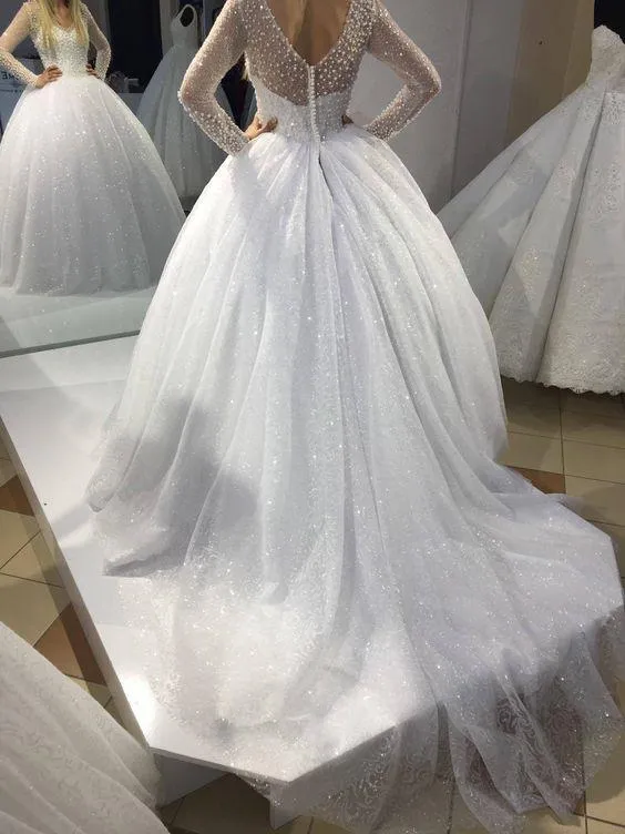 Pearls Long Sleeves Wedding Gown Dress with Sequin Skirt