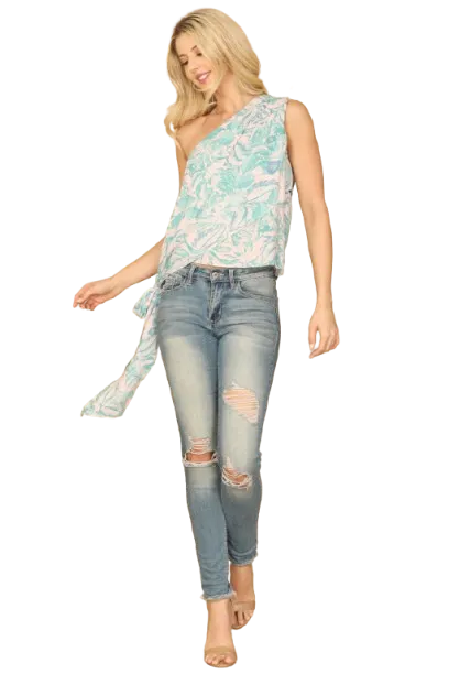 Pink Green One Shoulder Side Tide Printed Top - Pack of 5