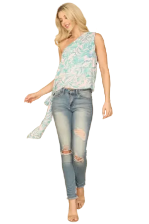 Pink Green One Shoulder Side Tide Printed Top - Pack of 5
