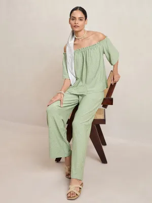 Pista Green Knitted Schiffli Off-Shoulder Top