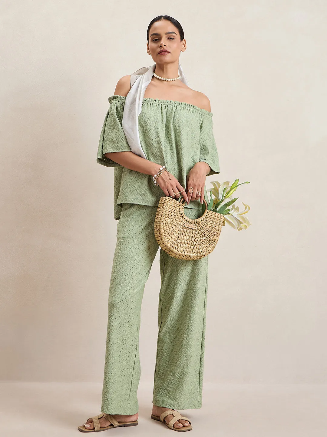 Pista Green Knitted Schiffli Off-Shoulder Top
