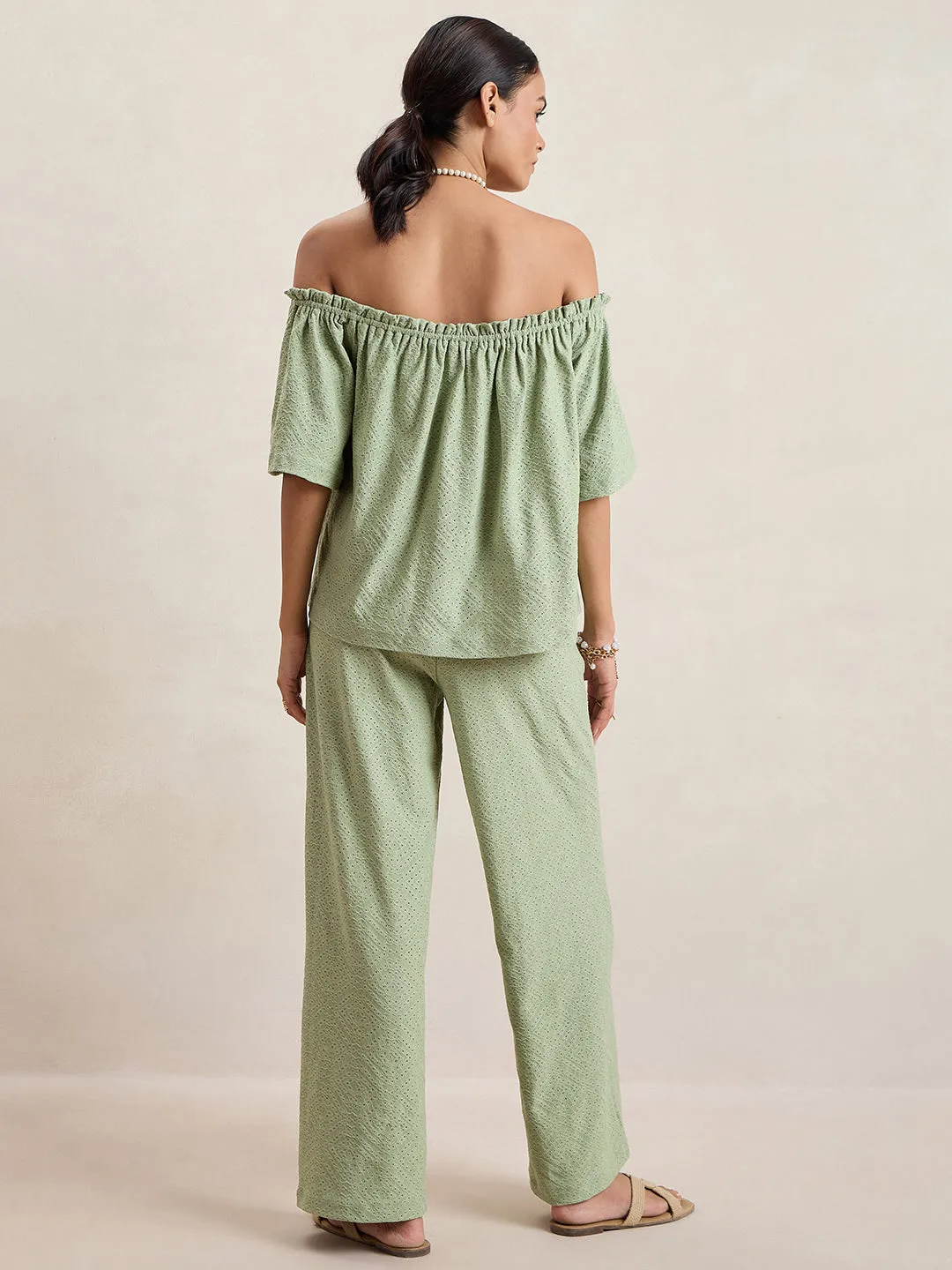 Pista Green Knitted Schiffli Off-Shoulder Top