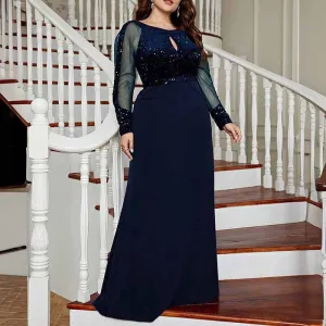 Plus Size Prom Dress Sequined Long Sleeve A-Line Evening Dress