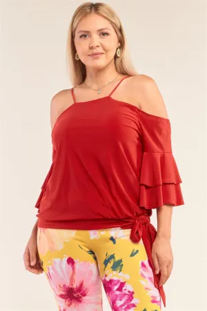 Plus Size Red Sleeveless Off-the-shoulder Layered Angel Sleeve Self-tie Hem Top