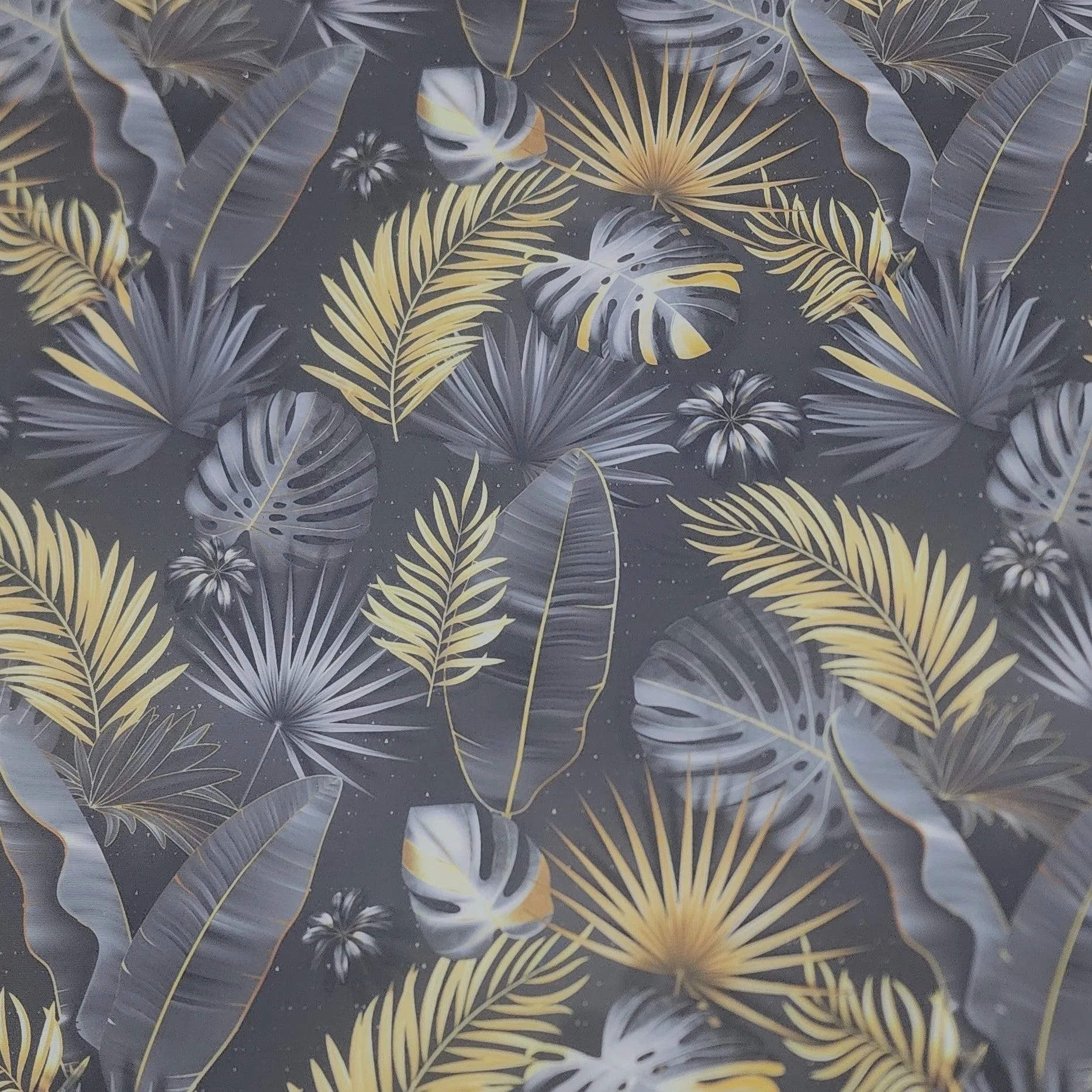 Printed Nylon Lycra Fabric Gold/Grey Leaves 150 cm