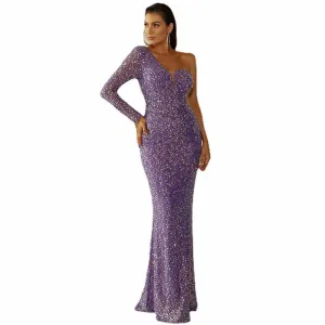 Purple Wedding One Shoulder Sequins Hip Wrap Fishtail Prom Dress