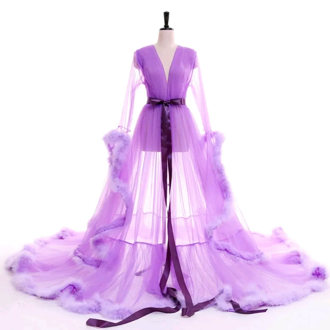 "Dream Come True" (100  Colors) Long Sheer Tulle Marabou Feather Grand Luxury Robe