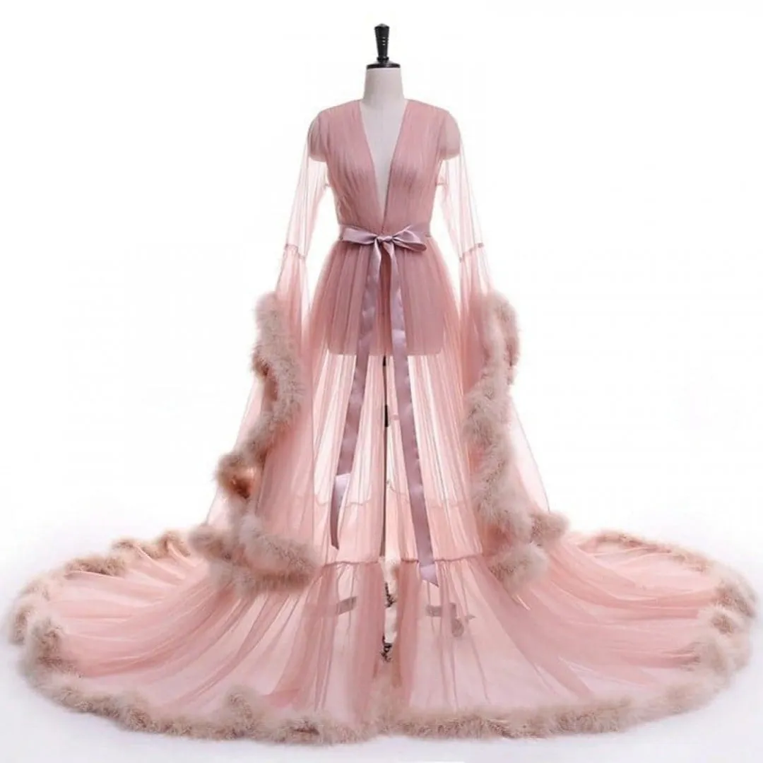 "Dream Come True" (100  Colors) Long Sheer Tulle Marabou Feather Grand Luxury Robe